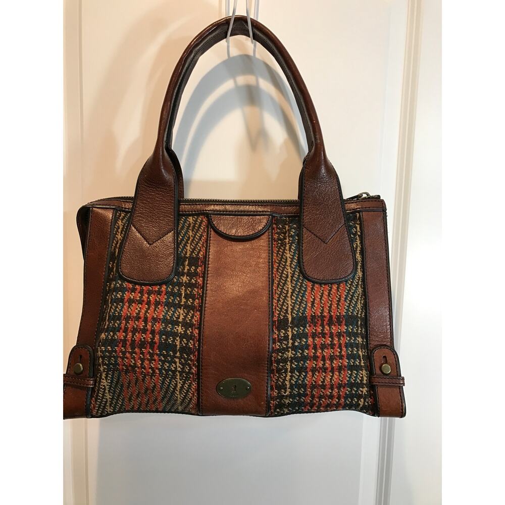 Fossil Vintage Reissue Satchel in Leather and Plaid Tweed Panels - Picture 3 of 11